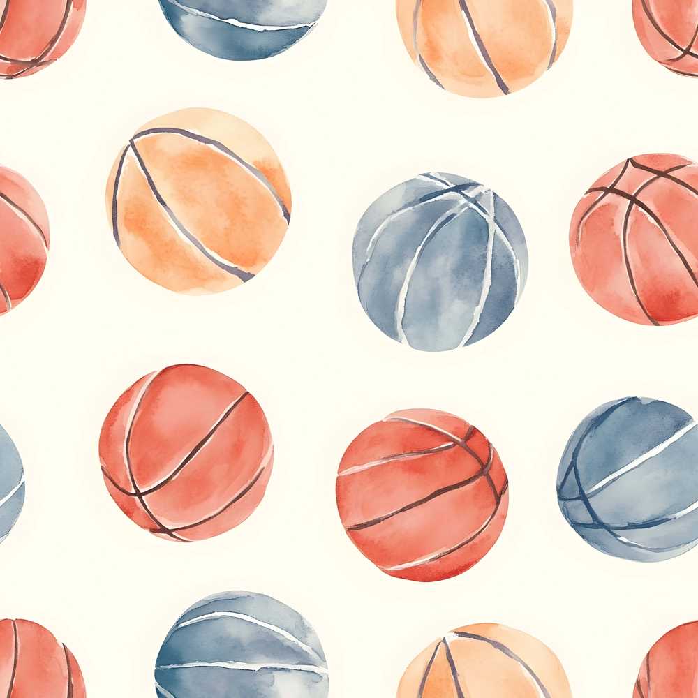 Watercolor Basketball Balls on Neutral Background Decorative Repeat