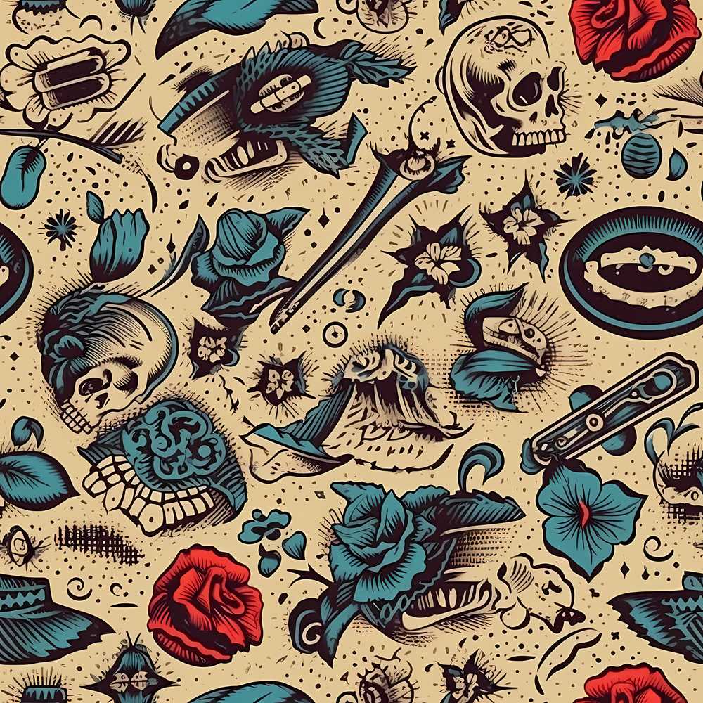 Vintage Tattoo Skulls Birds Roses Wildflower Pattern Botanical
