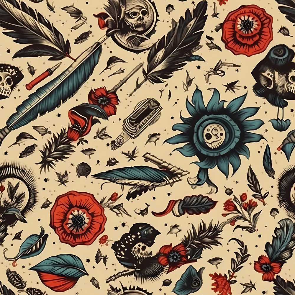 Tattoo Style Skulls Flowers Knives Wildflower Pattern Botanical