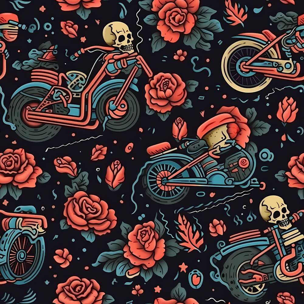 Skeleton Biker Roses Vintage Tattoo Wildflower Pattern Botanical