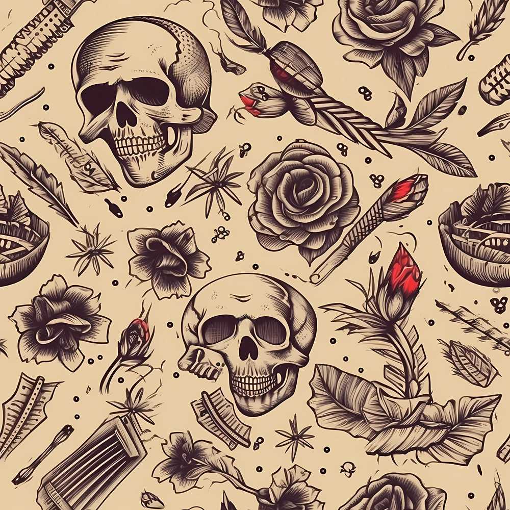 Vintage Skull Roses Feather Tattoo Wildflower Pattern Botanical
