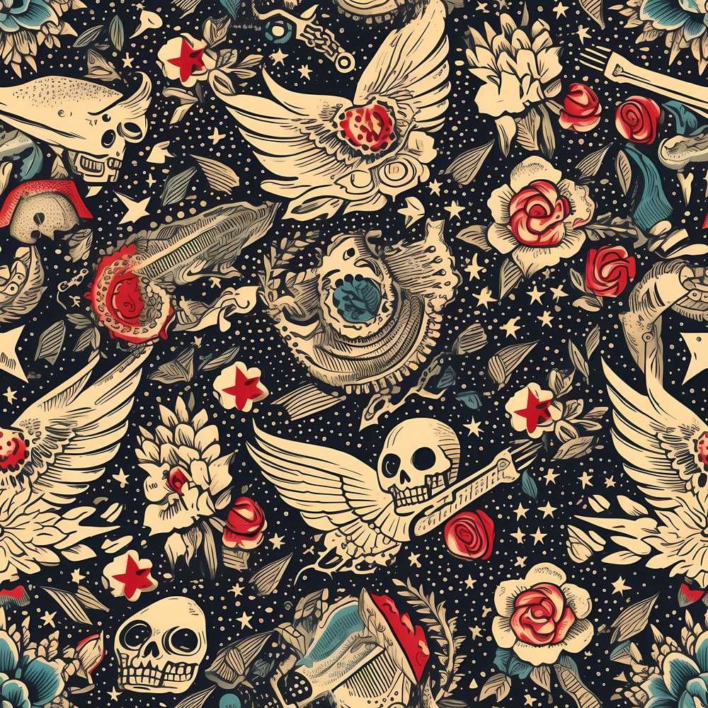 Mystic Skull Wings Stars Floral Wildflower Pattern Botanical