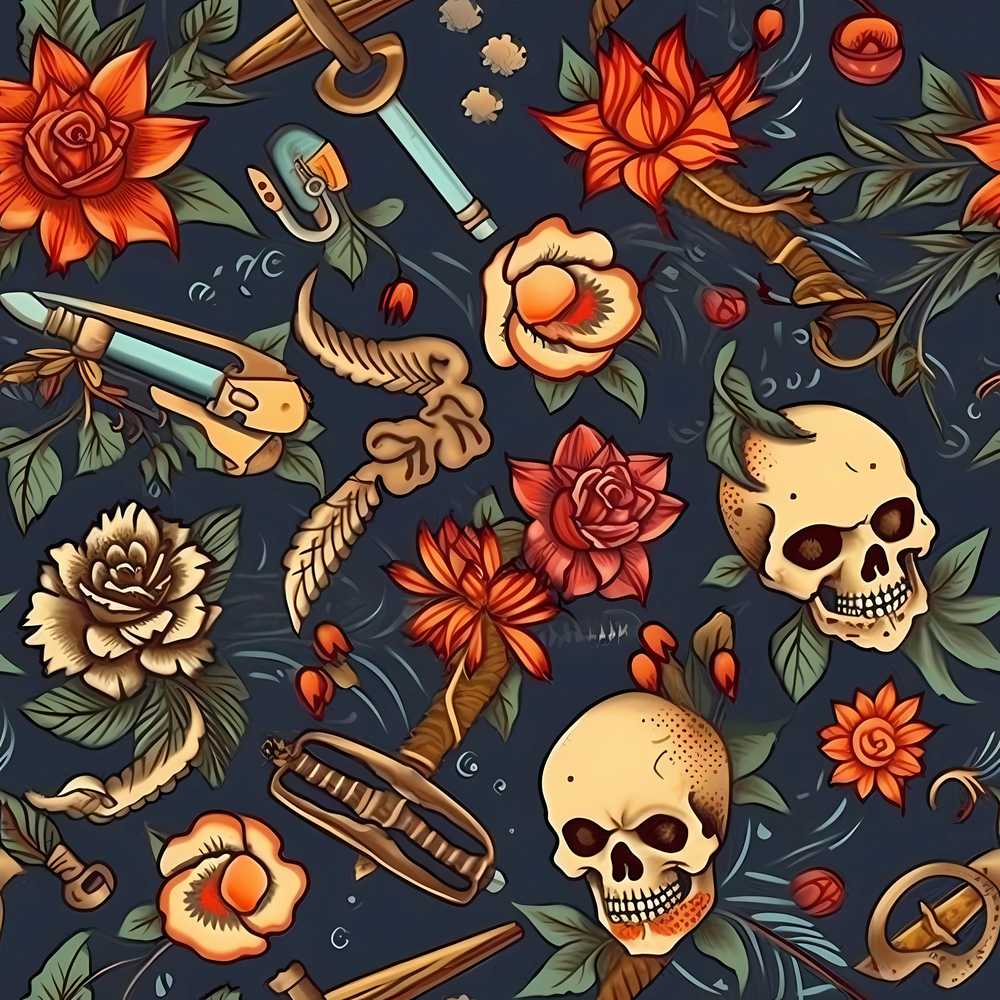 Dark Skull Floral Dagger Tattoo Wildflower Pattern Botanical