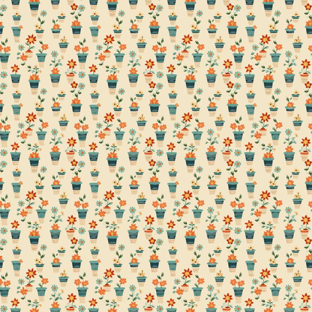 Retro Floral Pots Orange Blue Wildflower Pattern Botanical
