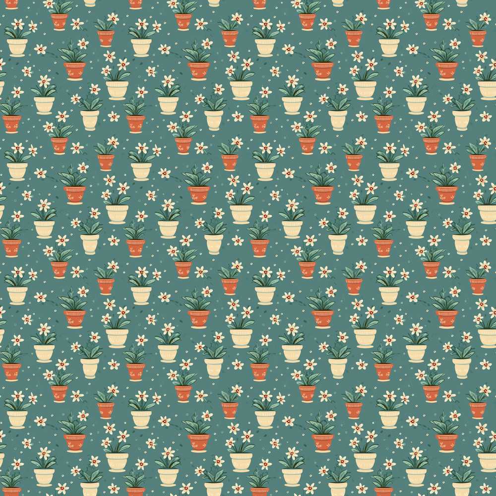 Small White Flower Pots Green Wildflower Pattern Botanical