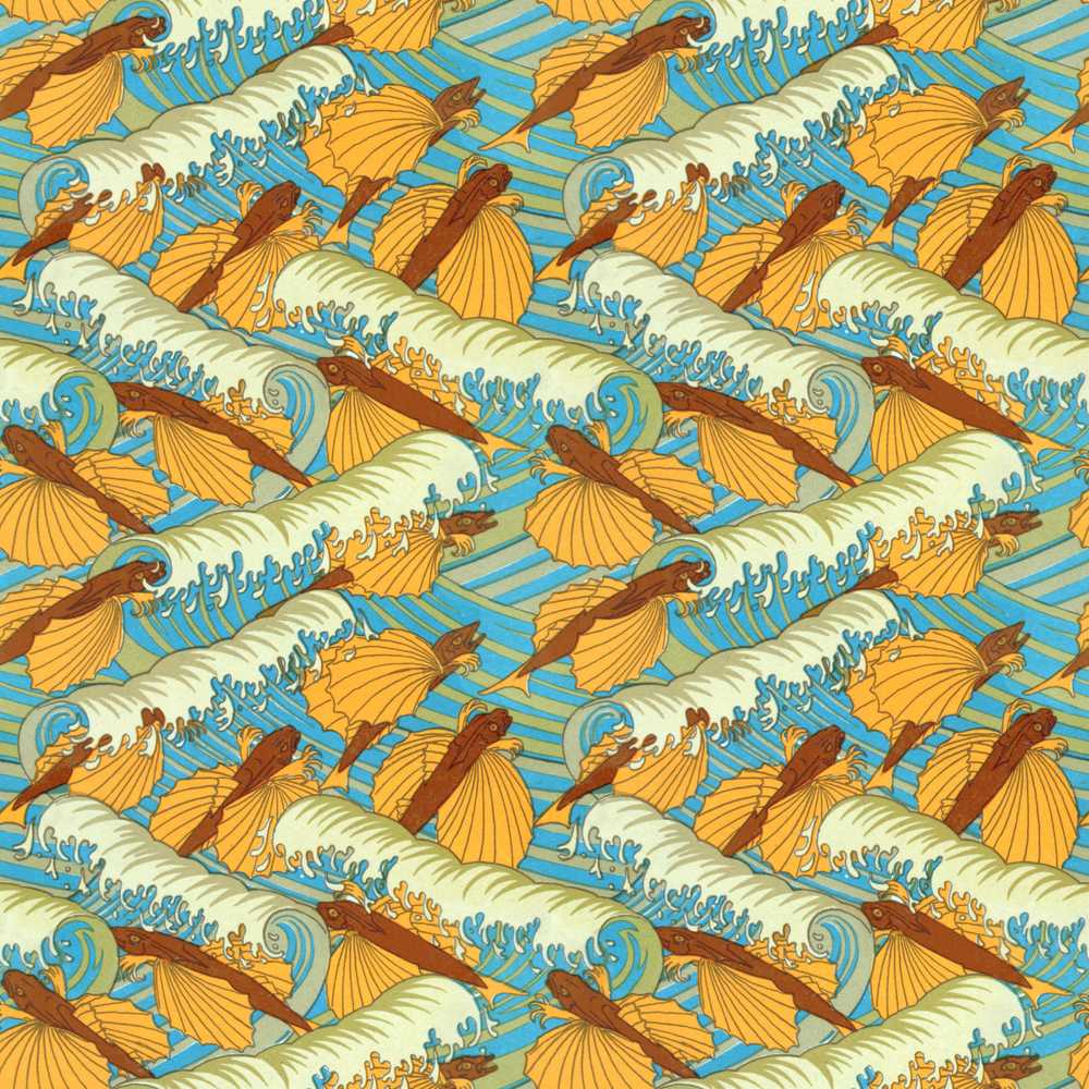 Retro Flying Fish Ocean Waves Coastal Illustration Pattern