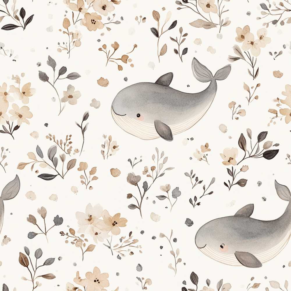 Cute Baby Whale Neutral Floral Wildflower Pattern Botanical