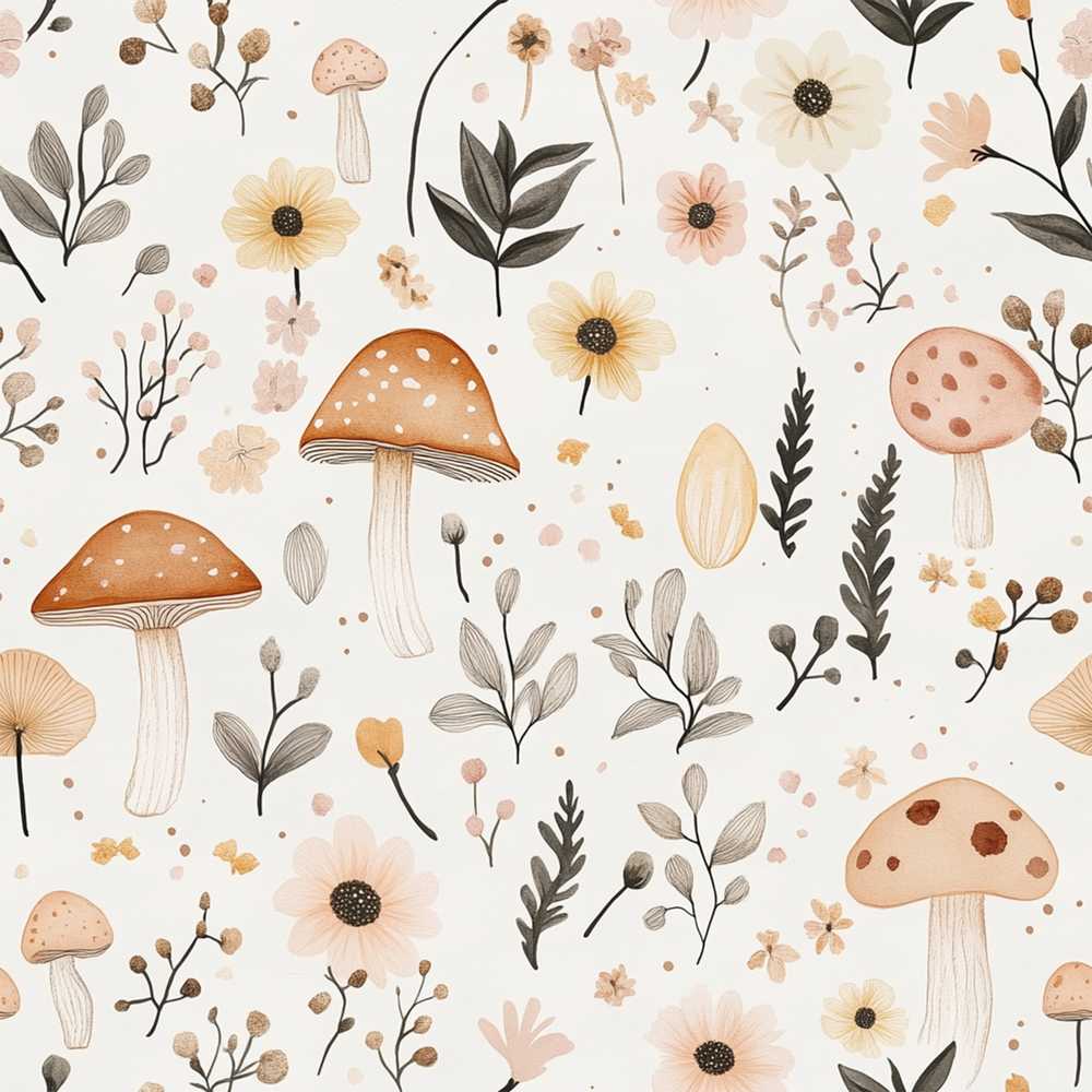 Neutral Mushroom Botanical Wildflower Pattern Decorative Illustration