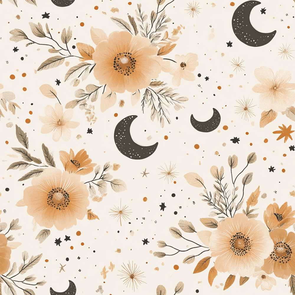 Boho Floral Moon Stars Neutral Wildflower Pattern Botanical