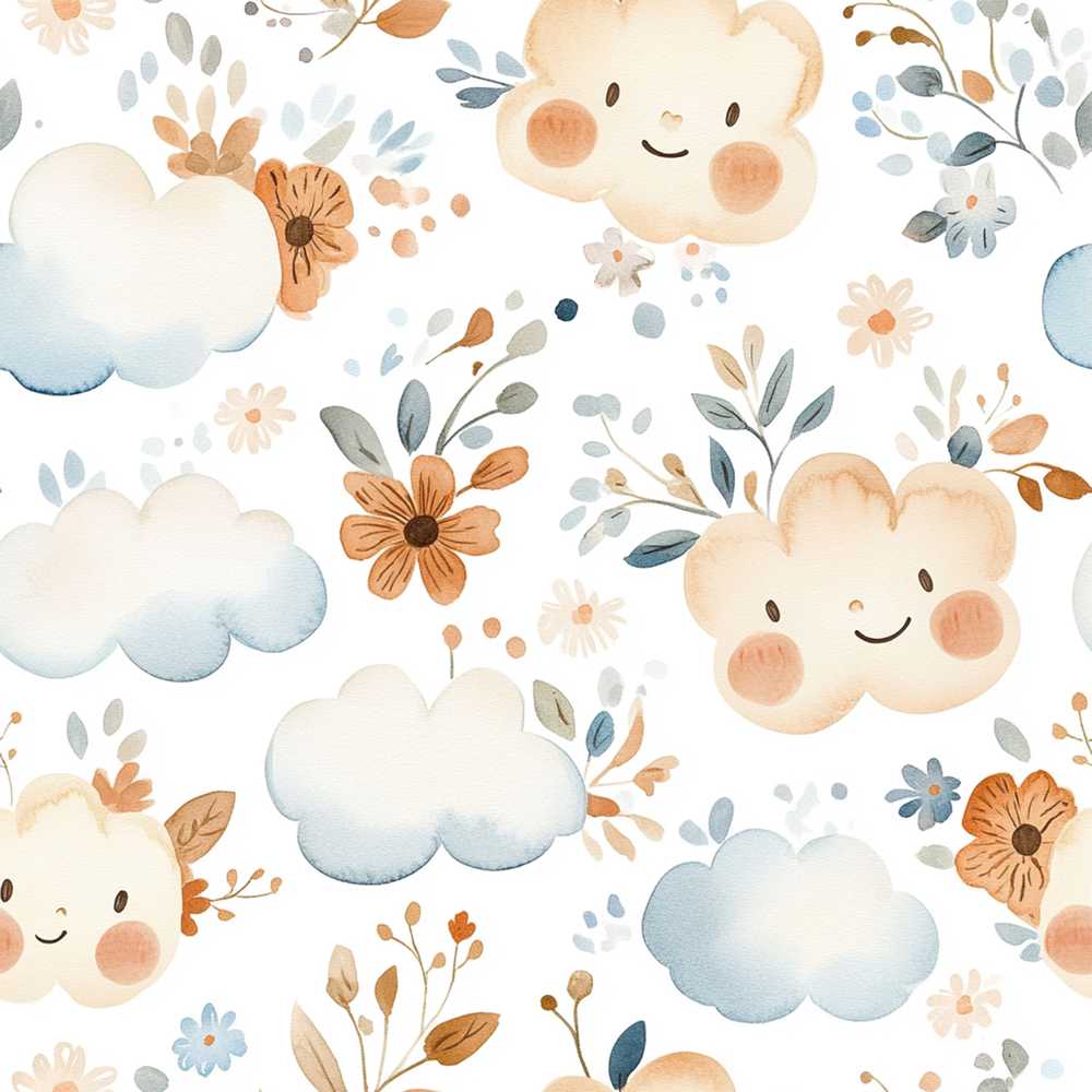 Cute Smiling Clouds Pastel Floral Wildflower Pattern Botanical