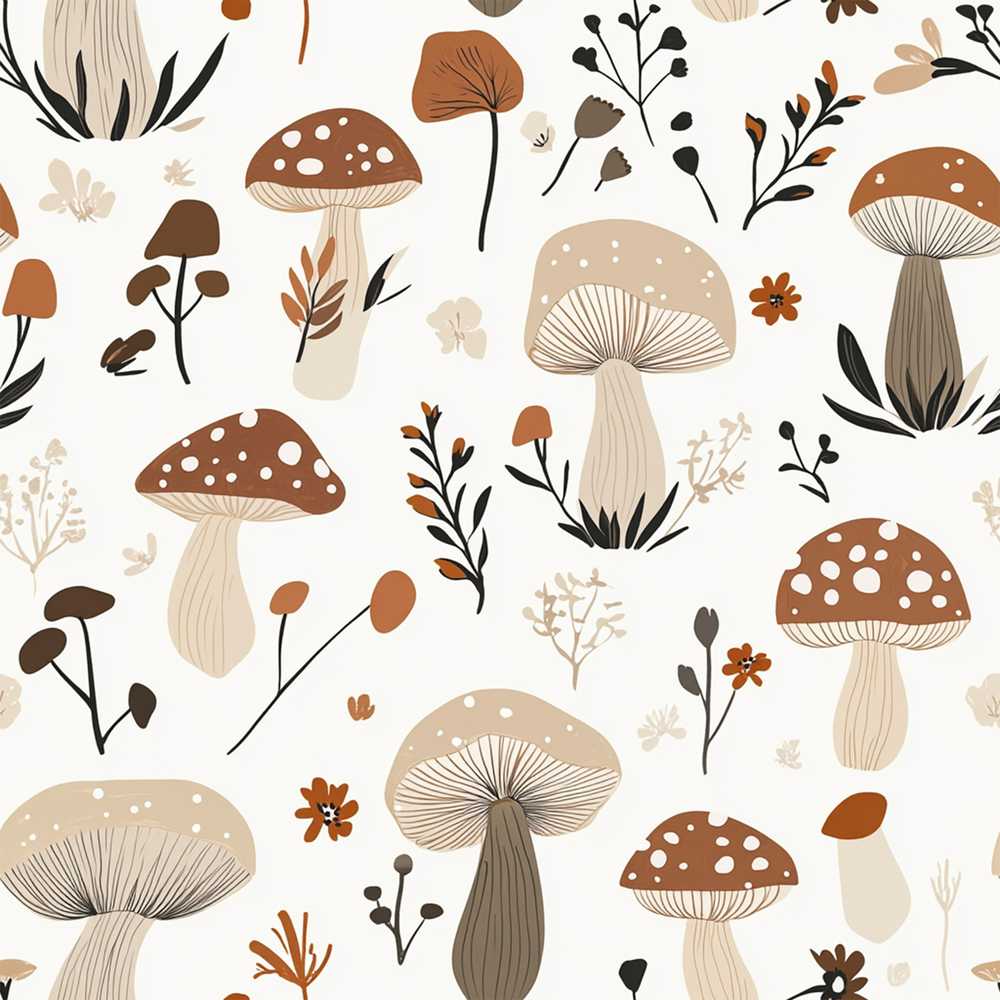 Neutral Mushroom Botanical Autumn Wildflower Pattern Decorative