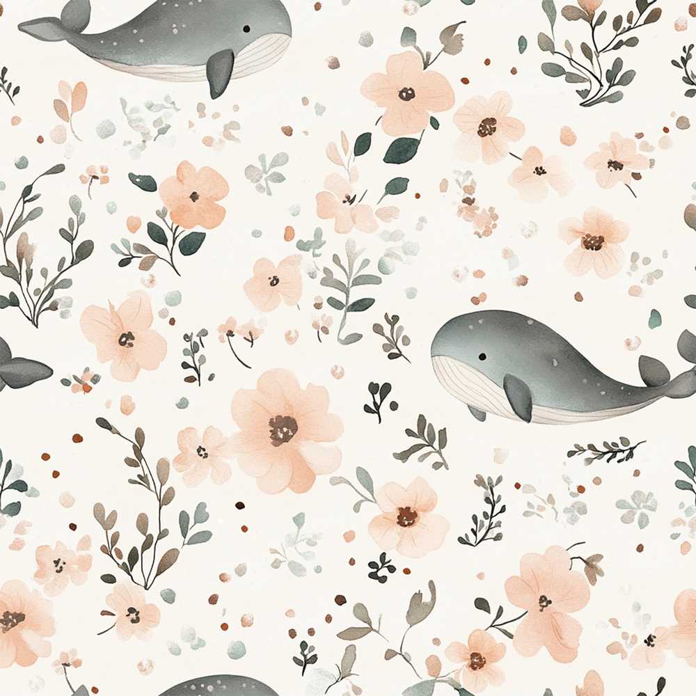 Cute Baby Whale Floral Soft Neutral Wildflower Pattern Botanical