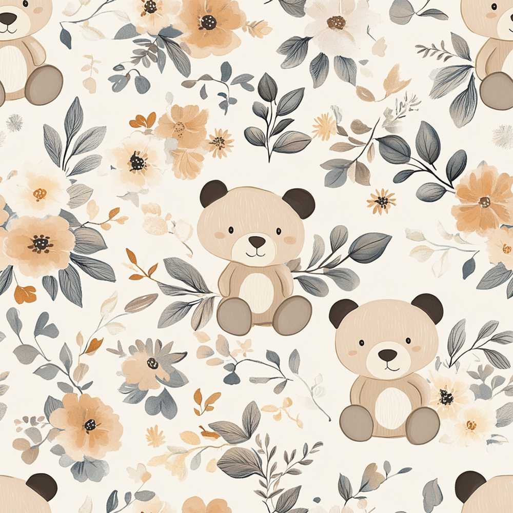Cute Teddy Bear Floral Nursery Wildflower Pattern Botanical