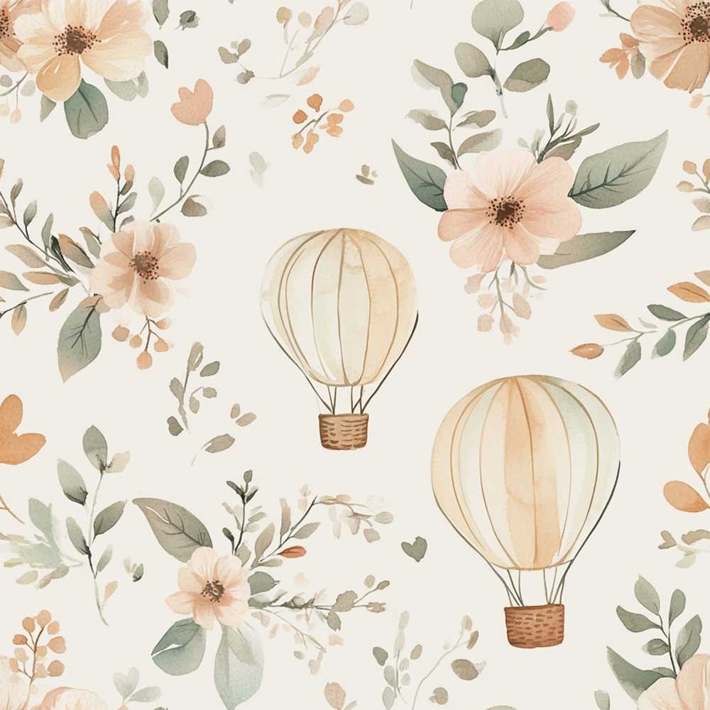 Boho Hot Air Balloon Floral Neutral Wildflower Pattern Botanical