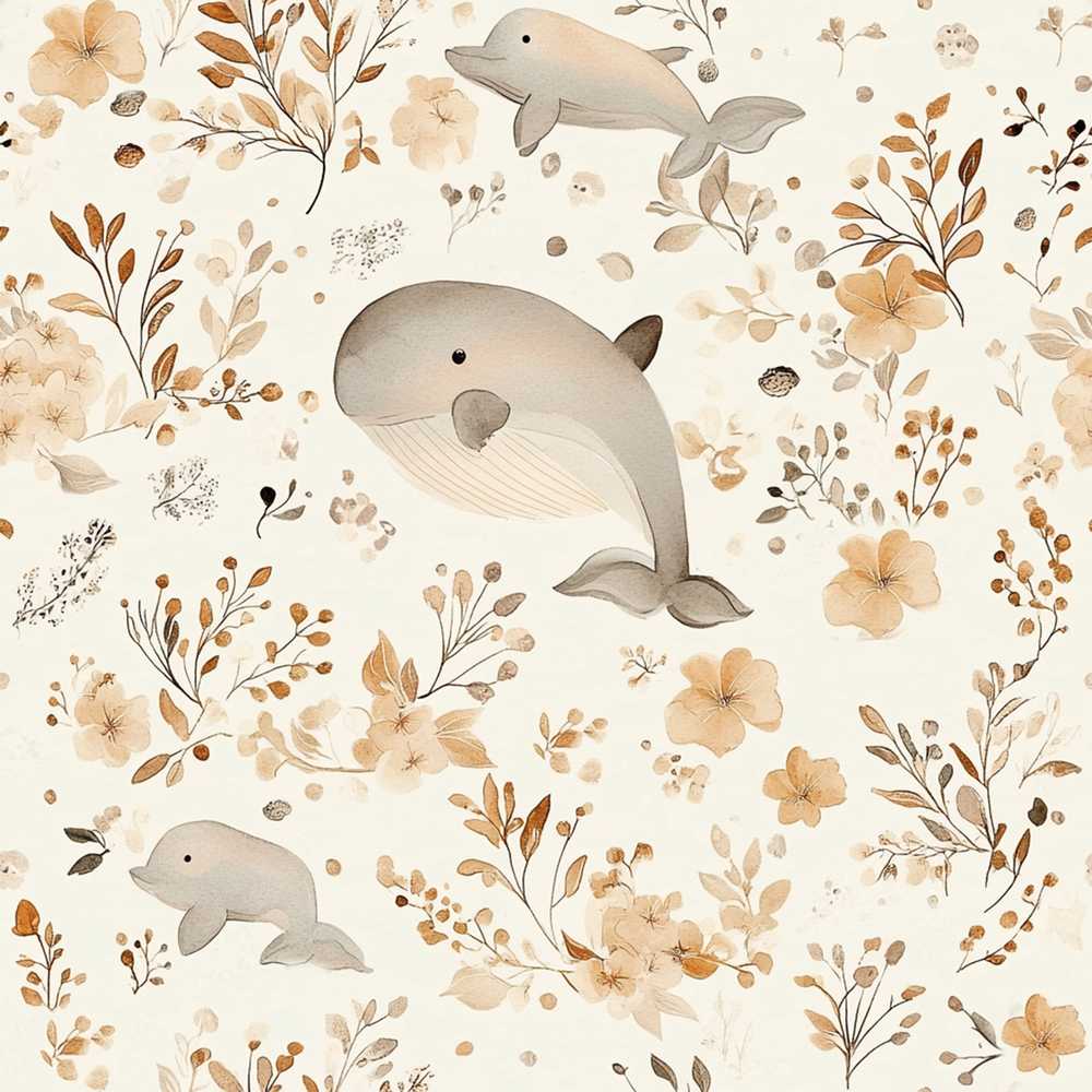 Cute Whale Dolphin Floral Neutral Wildflower Pattern Botanical