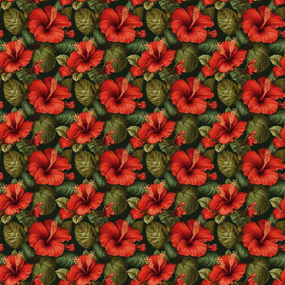 Tropical Red Hibiscus Dark Botanical Wildflower Pattern