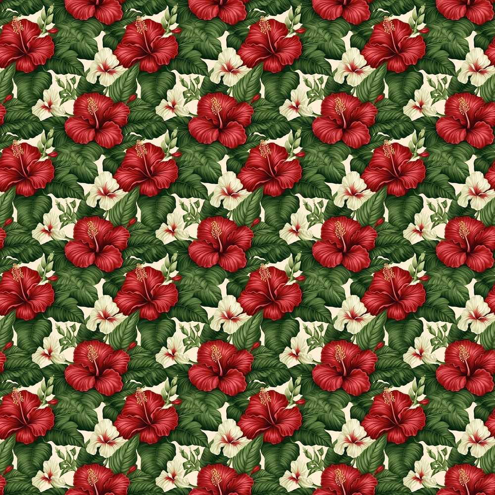 Tropical Hibiscus White Red Botanical Wildflower Pattern