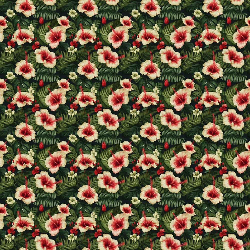 Tropical Hibiscus Cream Red Jungle Decorative Repeat Pattern