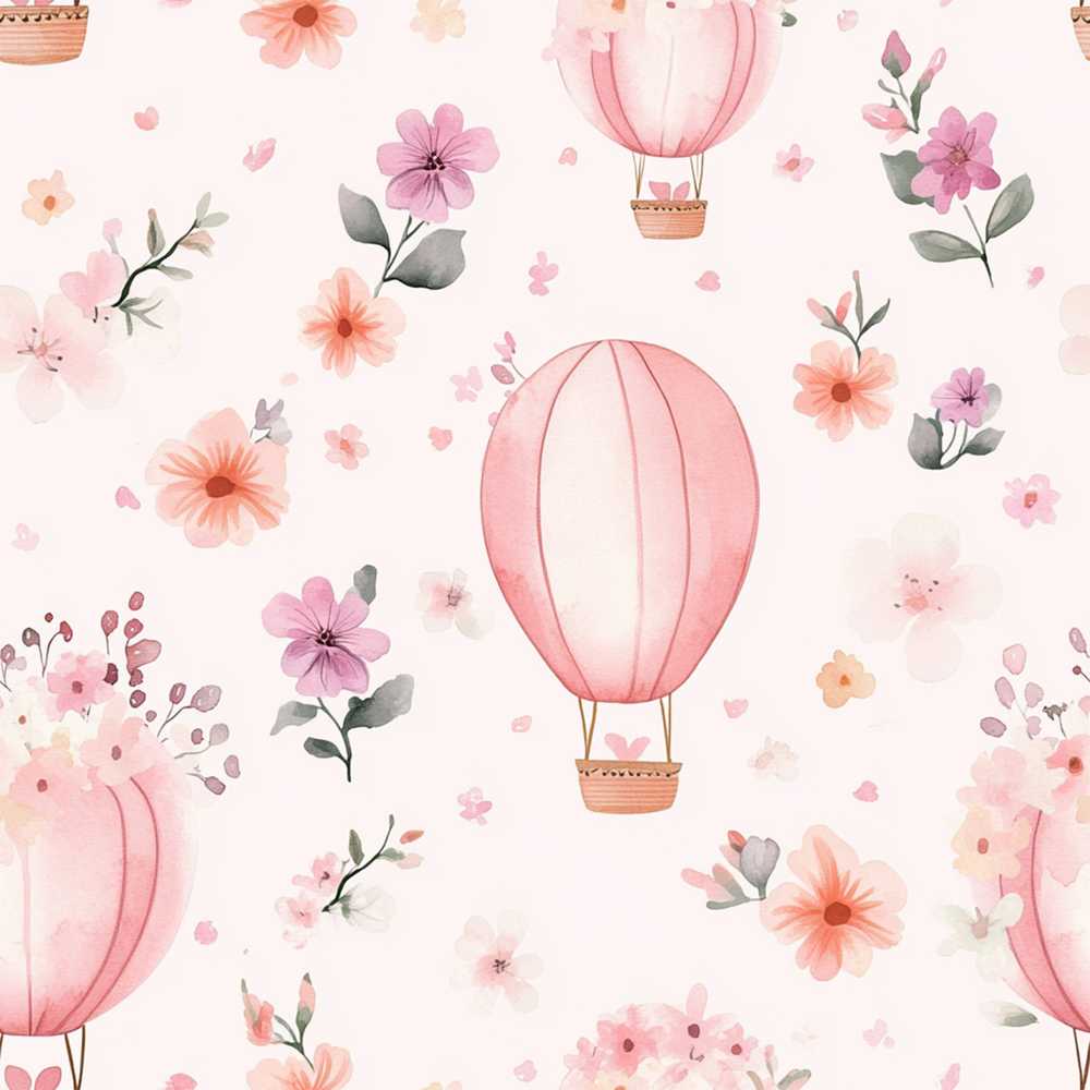 Soft Pink Floral Hot Air Balloon Watercolor Wildflower Pattern