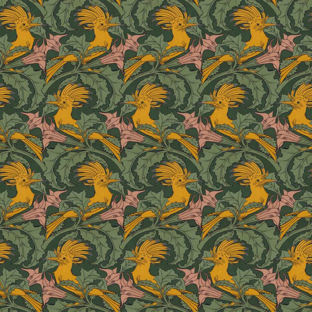 Vintage Golden Exotic Birds Leafy Botanical Wildflower Pattern