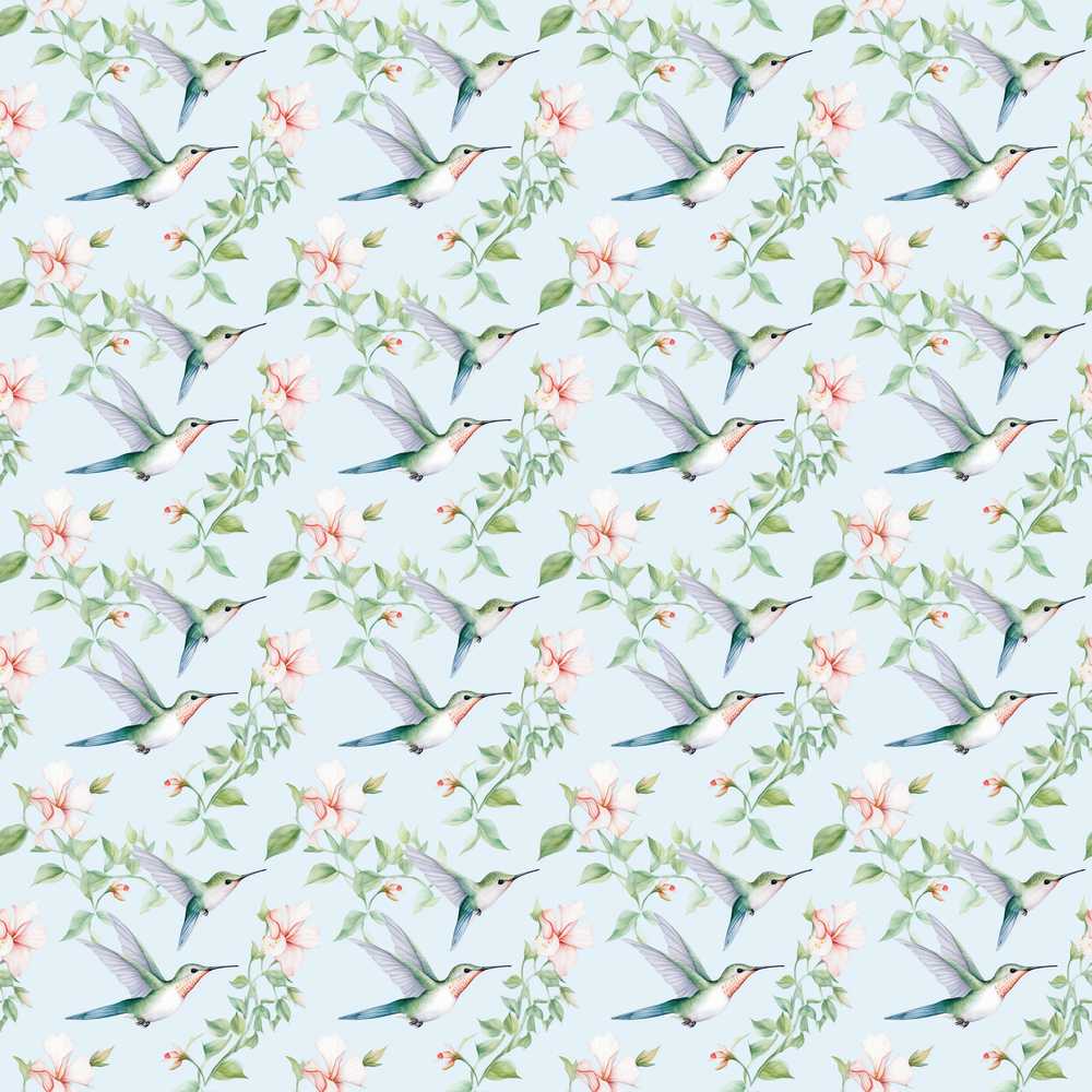 Delicate Hummingbird Floral Soft Blue Wildflower Pattern Botanical