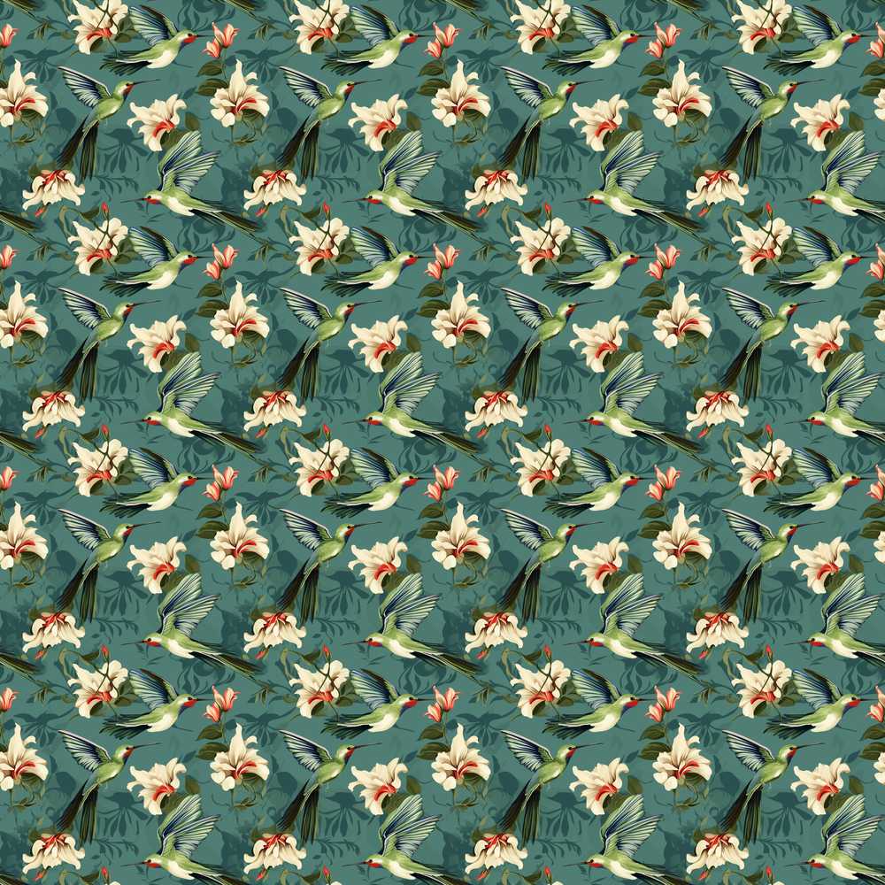 Vintage Hummingbird Lily Floral Dark Green Wildflower Pattern Botanical