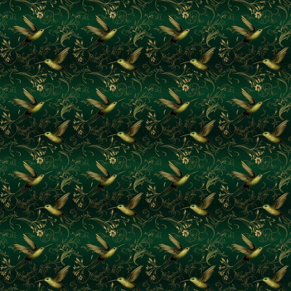 Elegant Gold Hummingbird Botanical Dark Wildflower Pattern