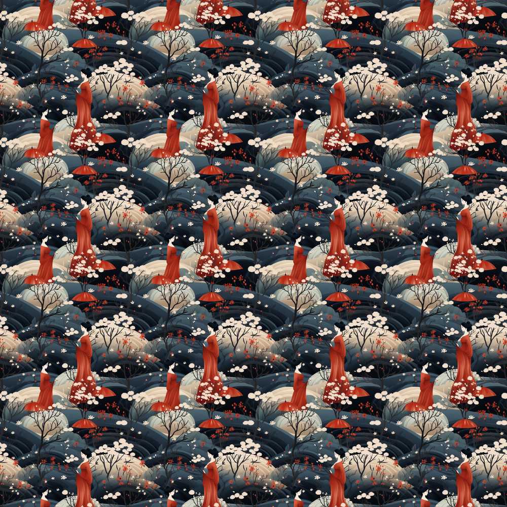 Japanese Geisha Red Kimono Floral Landscape Wildflower Pattern Botanical