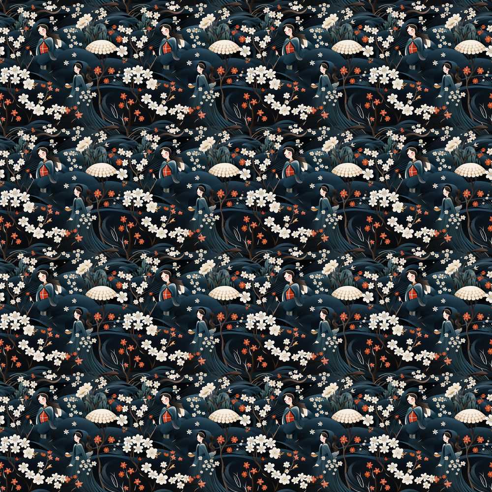 Elegant Japanese Women Floral Night Garden Wildflower Pattern Botanical