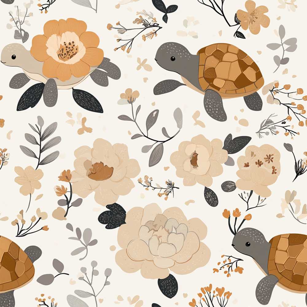 Cute Turtle Floral Neutral Boho Wildflower Pattern Botanical