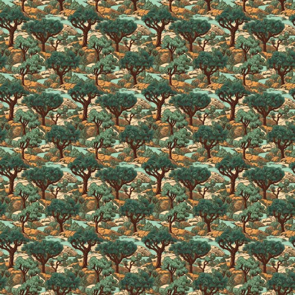 Vintage Desert Pine Tree Landscape Decorative Repeat Pattern
