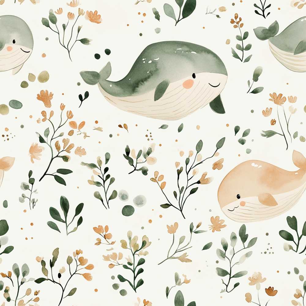 Cute Baby Whale Ocean Floral Watercolor Wildflower Pattern Botanical