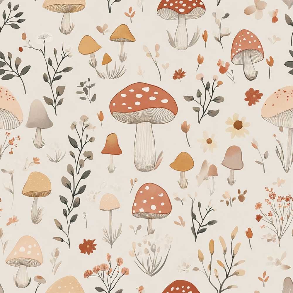 Whimsical Forest Mushroom Botanical Soft Wildflower Pattern