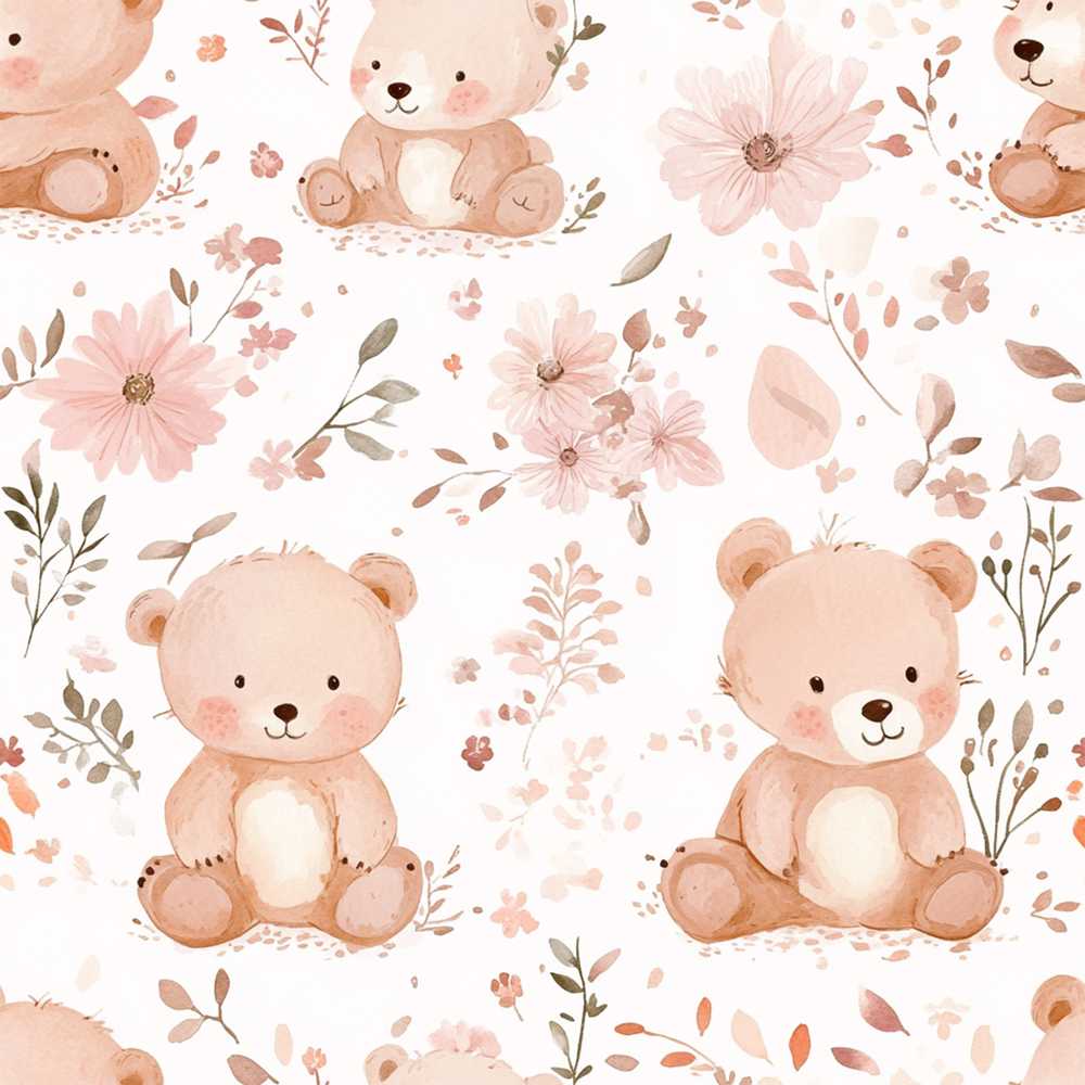 Cute Teddy Bear Floral Pastel Wildflower Pattern Botanical