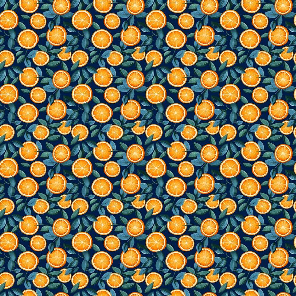 Detailed Orange Slice and Leaf Pattern on Dark Blue
