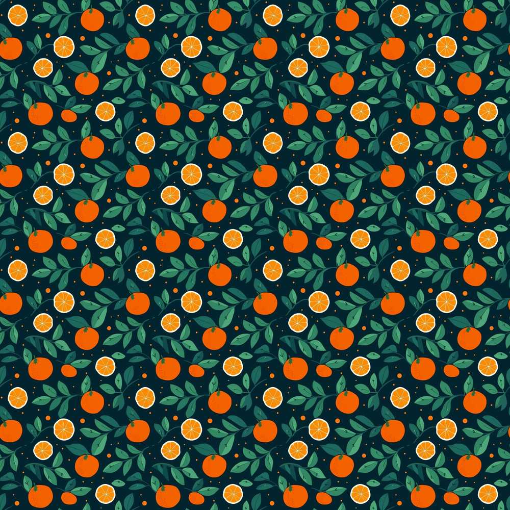 Minimal Orange Fruit and Leaf Pattern on Dark Teal Background