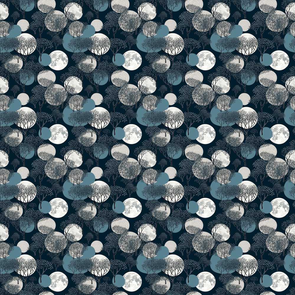 Moonlit Forest Trees and Abstract Circles on Dark Blue