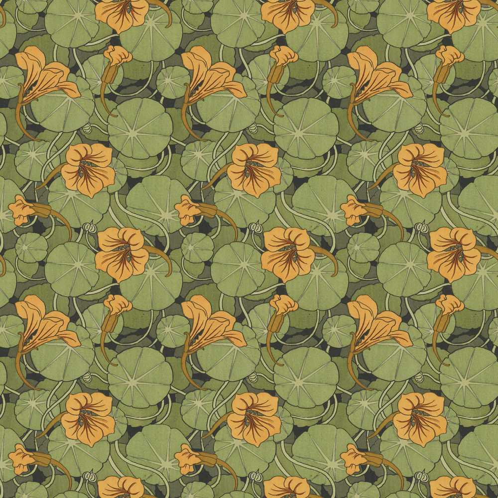 Vintage Botanical Leaves and Flowers Pattern on Green Background