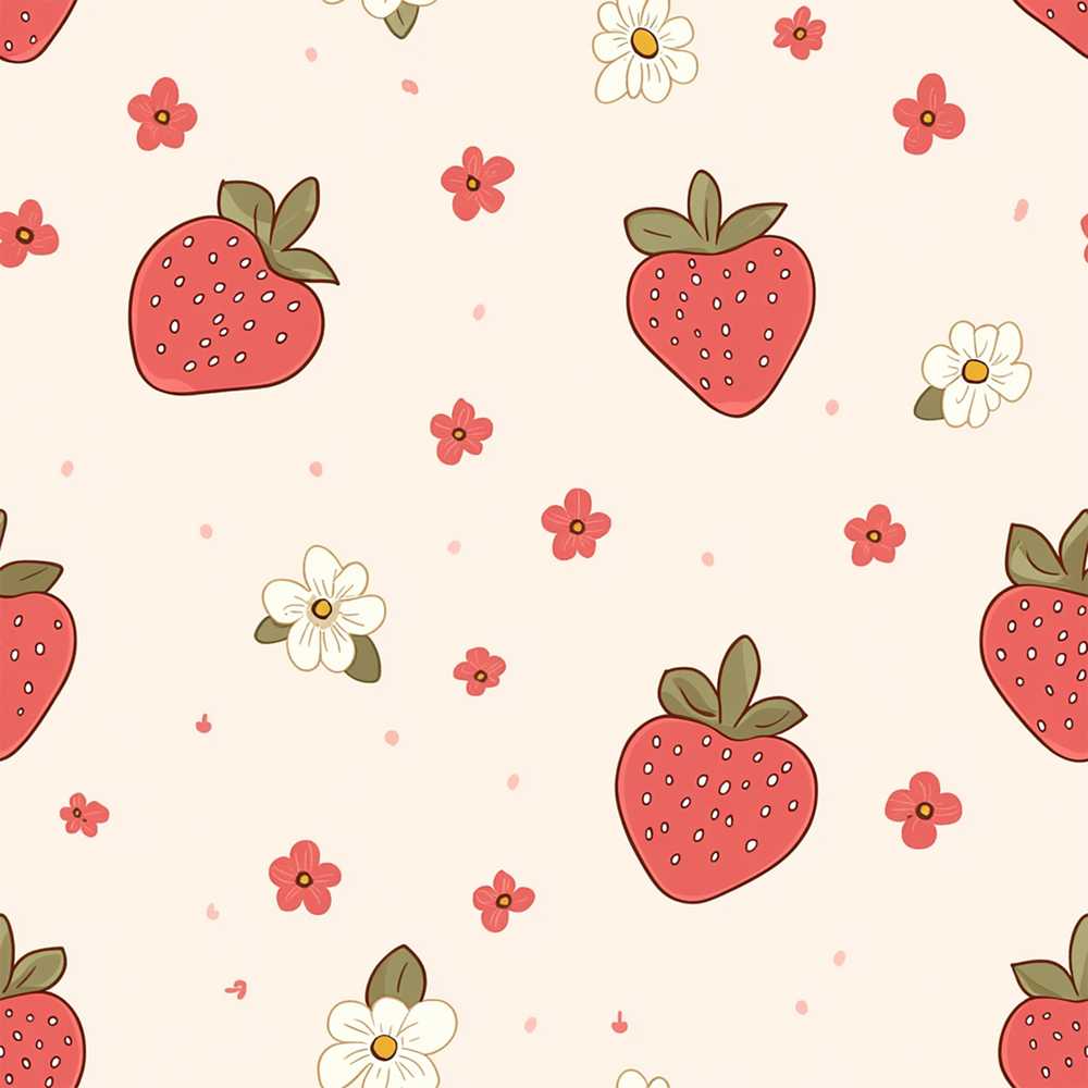 Cute Strawberry and Floral Pattern on Soft Neutral Background