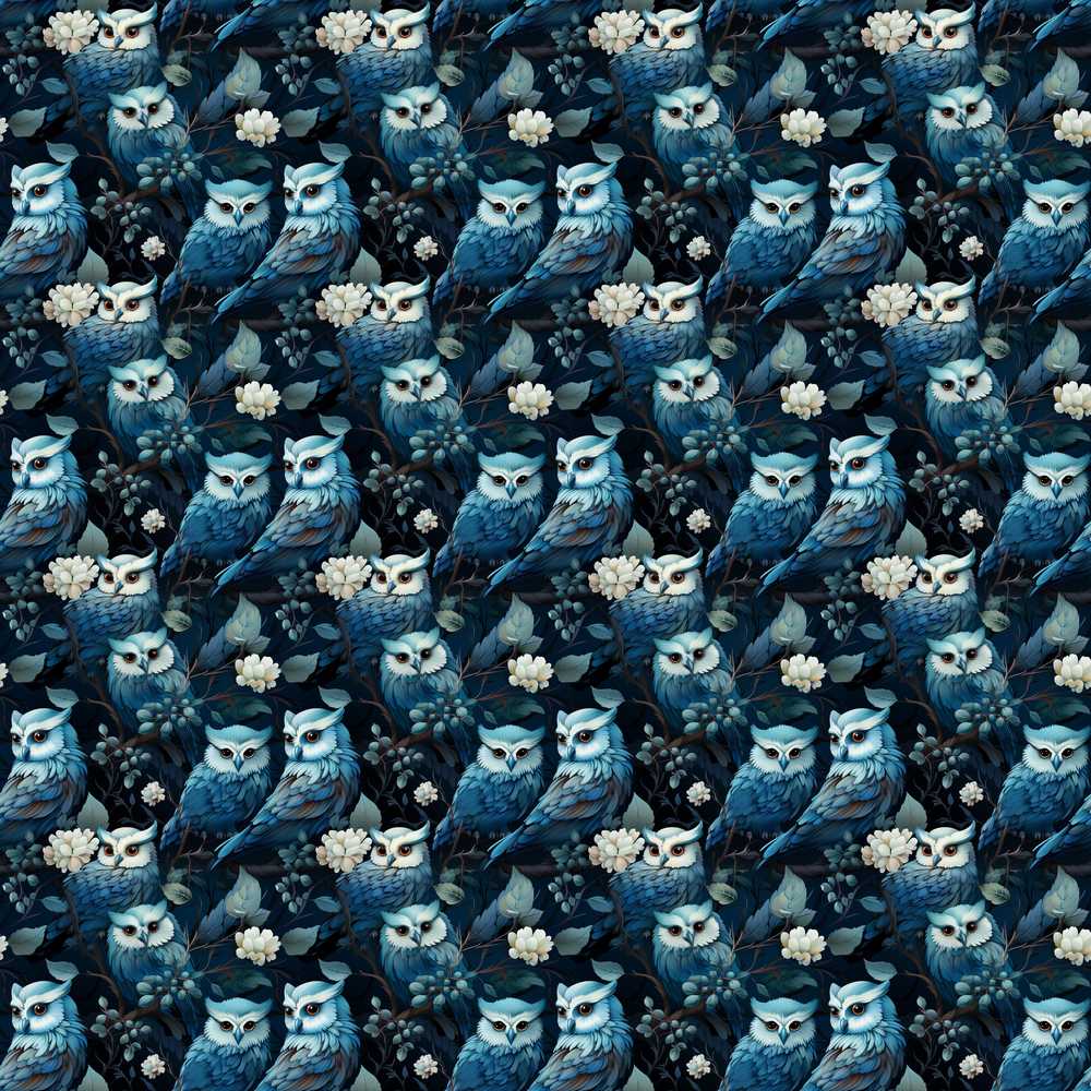 Majestic Blue Owl Birds with Floral Night Background Wildflower