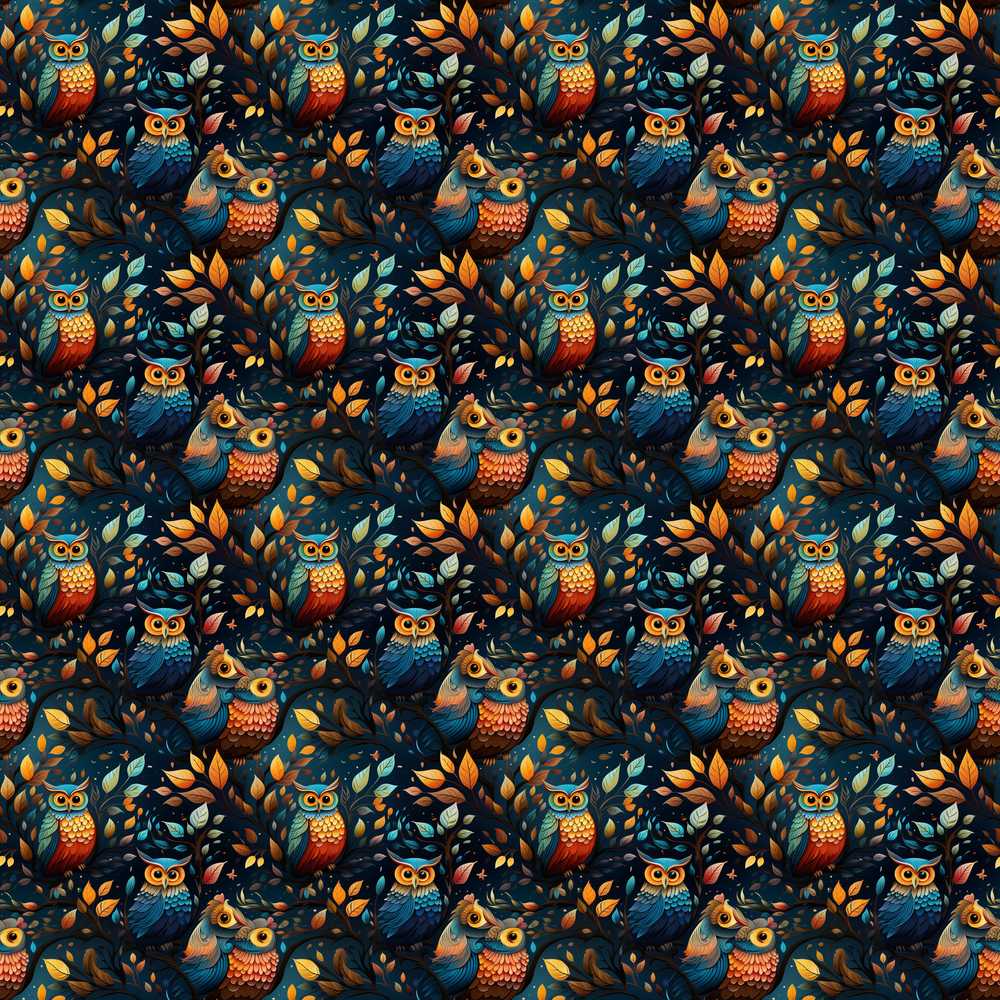 Colorful Autumn Owl Birds with Leaves Night Background Wildflower