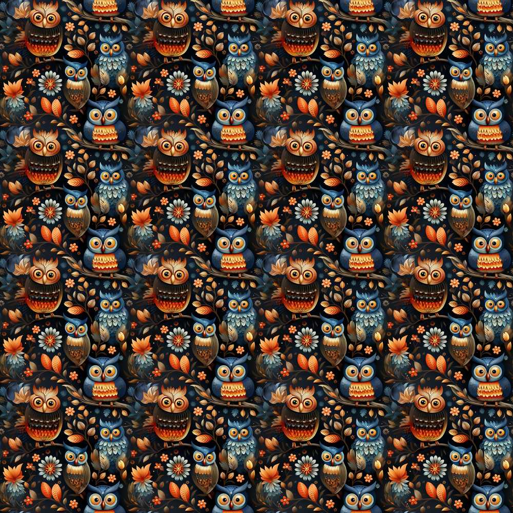 Vibrant Floral Owl Birds Pattern with Autumn Leaves Wildflower