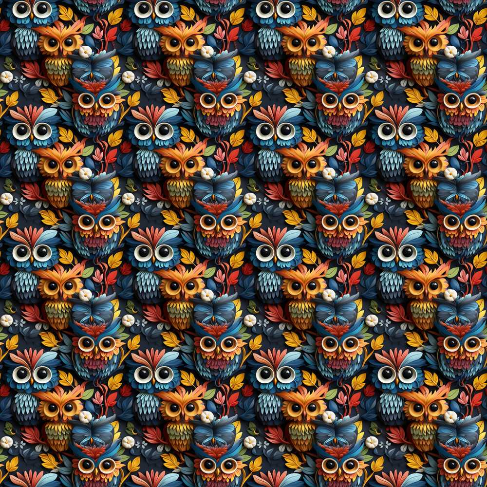 Colorful Cute Owl Birds with Autumn Leaves Dark Background