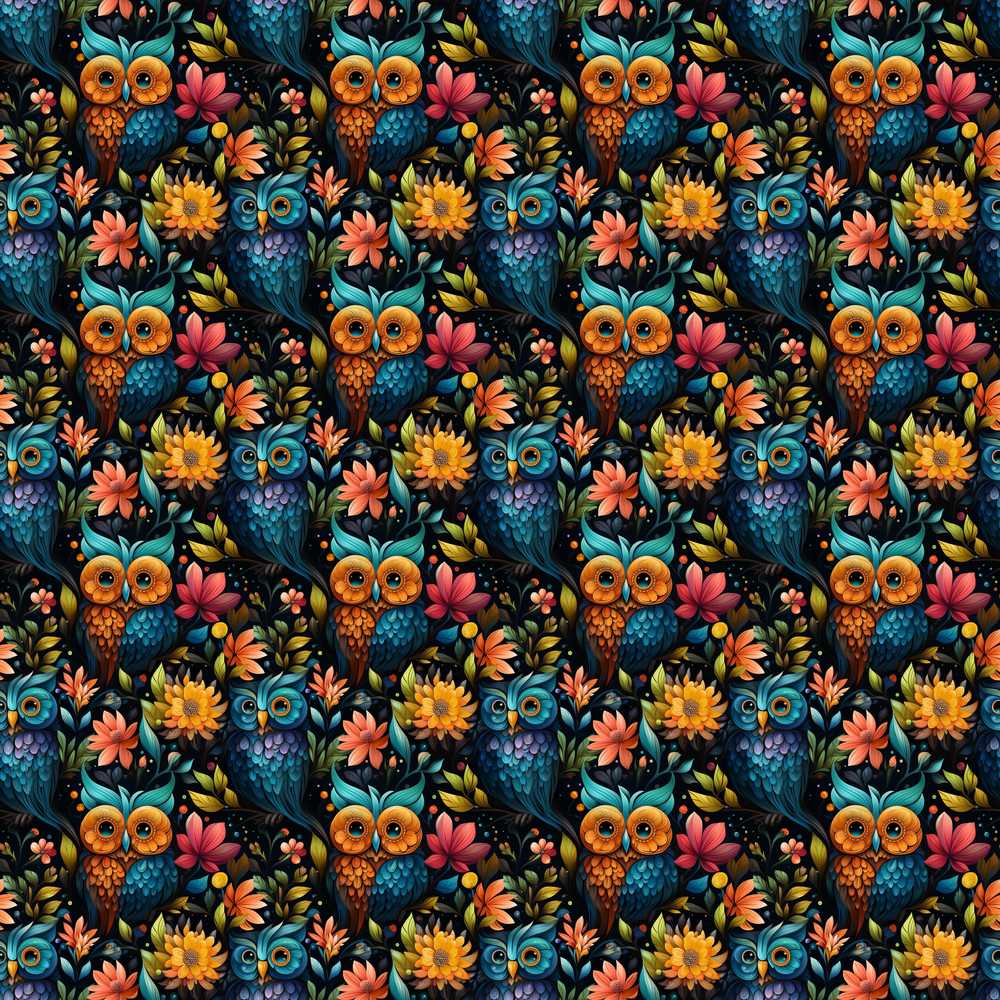 Vibrant Owl Birds with Floral Garden Night Background Wildflower