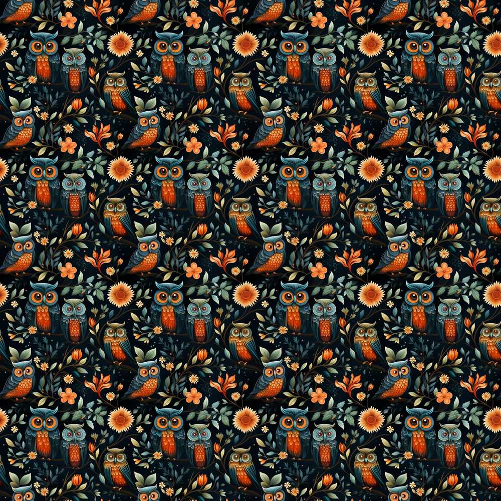Elegant Owl Birds with Orange Flowers Dark Botanical Wildflower
