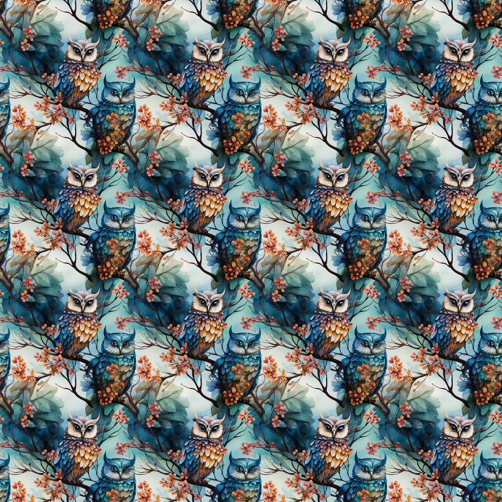 Artistic Owl Bird on Branches with Soft Blue Floral Background