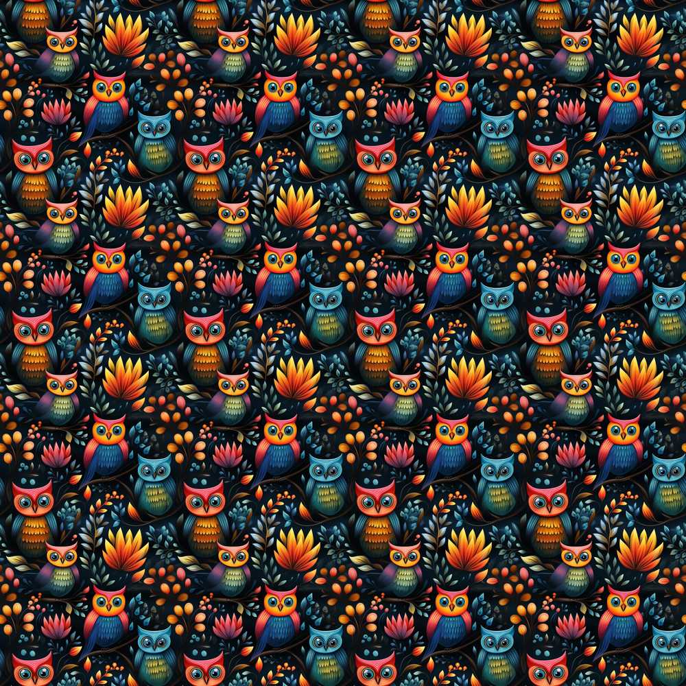 Bright Cute Owl Birds with Colorful Leaves Night Background