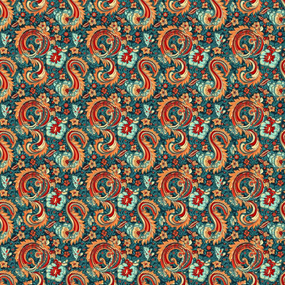 Vintage Paisley Floral Pattern with Teal Background Wildflower Botanical