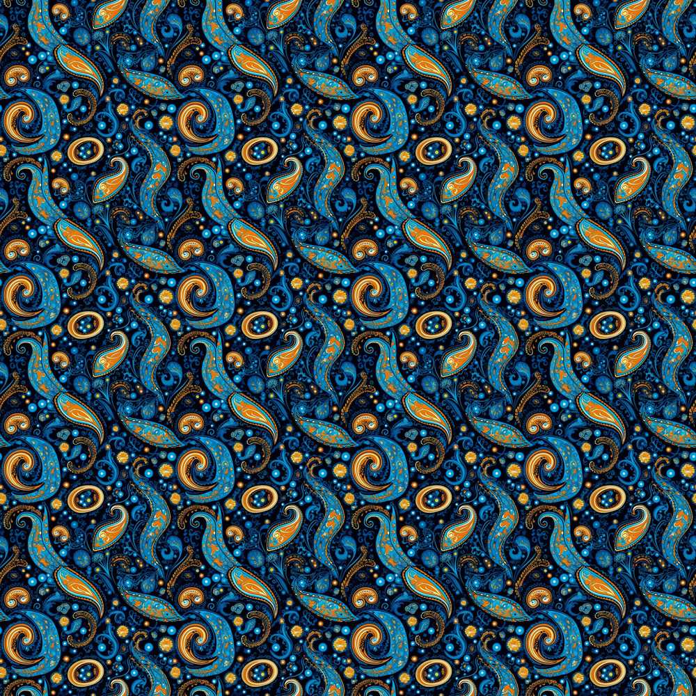 Blue Gold Paisley Ornate Floral Pattern Elegant Vintage Wildflower
