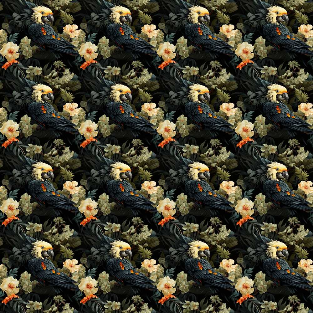 Elegant Cockatoo Parrot Floral Jungle Dark Botanical Wildflower Pattern